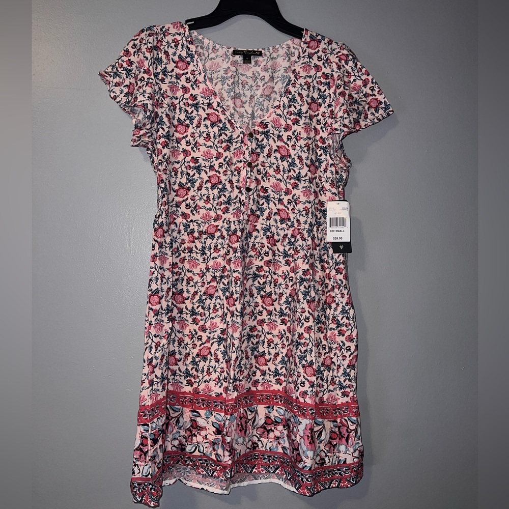 Pink Floral Boho City Triangles Flowy Dress
